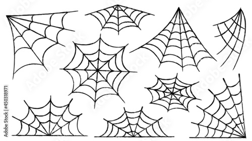 Spider web set. Halloween decoration with spiders. A creepy spider web in an abandoned place. Outline and line isolated vector illustration.