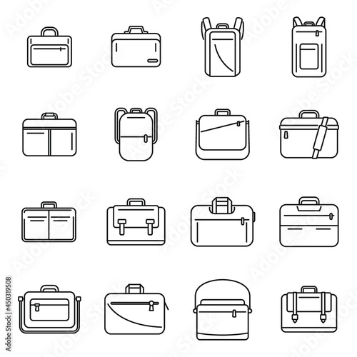 Laptop bag icons set outline vector. Computer case