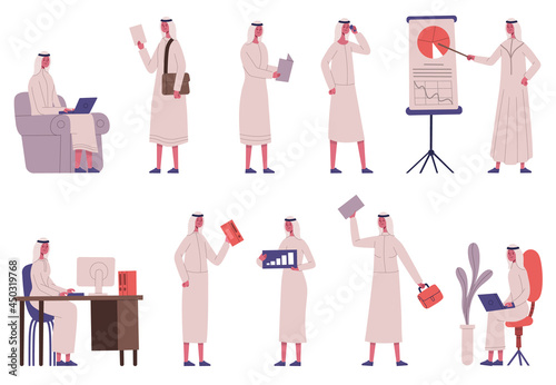 Arabian islamic male busy business office character. Arab businessman work in office, business activity muslim person vector illustration set. Muslim business person