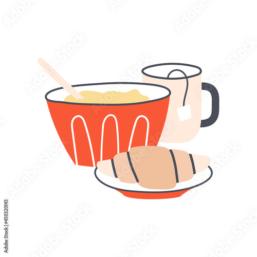 Healthy breakfast - bowl of cereal, cup or tea and croissant. Morning routine concept. Tasty brunch isolated on white background. Flat vector illustration