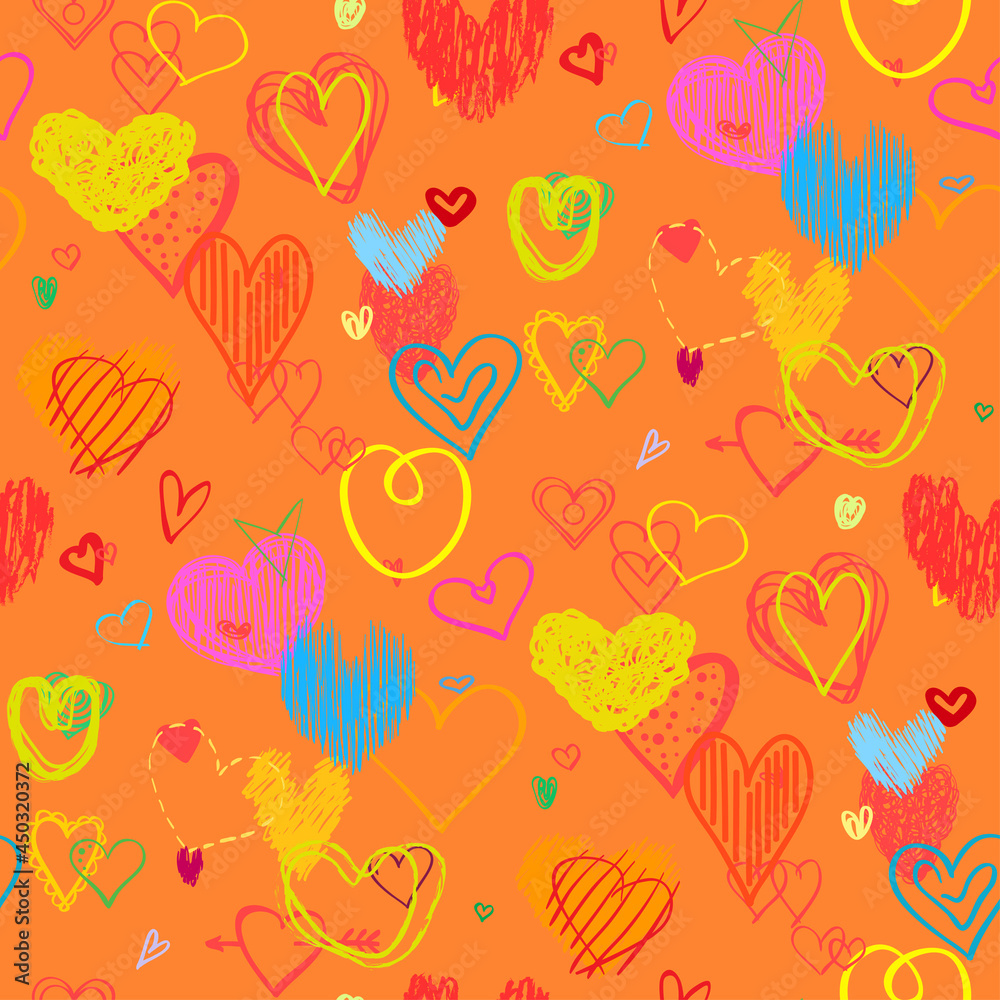 Hand drawn multicolored hearts. Abstract background. Seamless texture. Line art. Set of love signs. Unique illustration for design. Line art creation