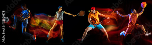 Development of motions of different kinds of sport games. Young men in action isolated over dark background in neon mix colored light.