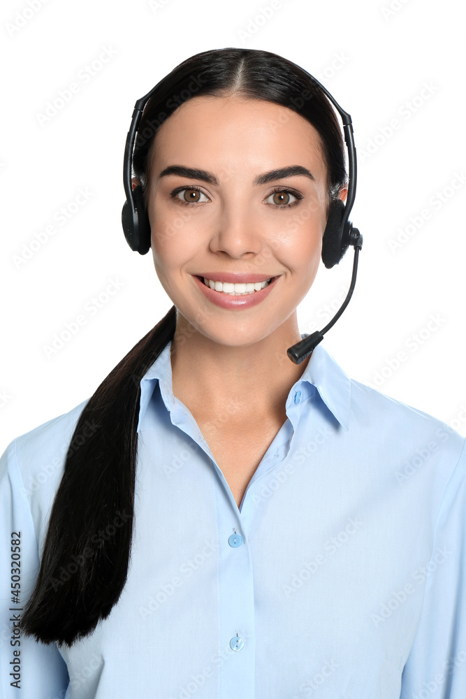 Beautiful young consulting manager with headset on white background Beautiful young consulting manager with headset on white background