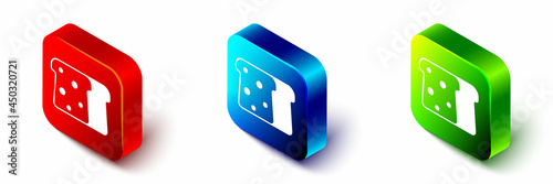Isometric Bread toast for sandwich piece of roasted crouton icon isolated on white background. Lunch, dinner, breakfast snack. Red, blue and green square button. Vector