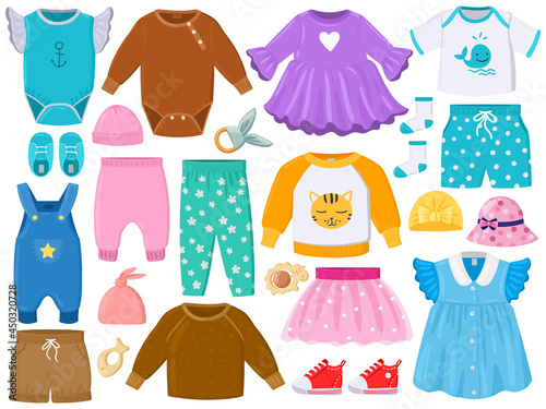 Cartoon childrens fashion outfits clothes, shoes, hats. Baby clothes elements, pants, dress, romper, panama vector illustration set. Little girls and boys clothes