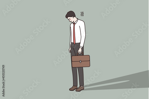 Failure, problems in business concept. Young Sad businessman standing looking down feeling lonely and having mental pressure or stress vector illustration 