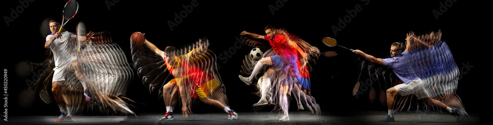 Sportsman playing soccer football on black background in mixed light. Caucasian fit young male player in motion or action during sport game. Sportsman playing soccer football on black background in mixed light. Caucasian fit young male player in motion or action during sport game.