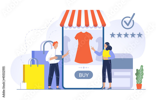 Shopping concept illustration people buying in store application. Man and woman choosing dress in online shop