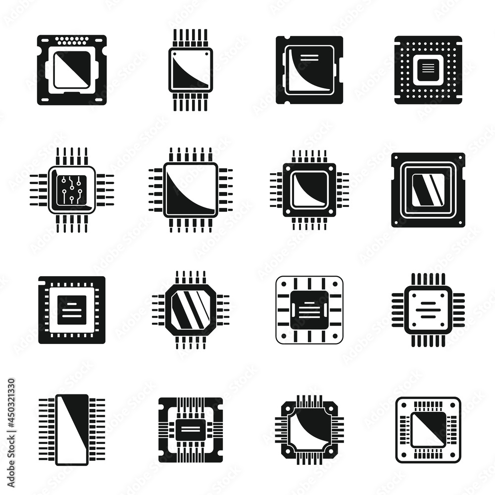 Processor icons set simple vector. Central computer card Processor icons set simple vector. Central computer card