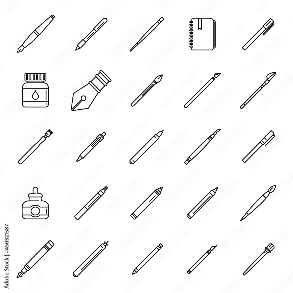 Calligraphy tools icons set outline vector. Paint nib Calligraphy tools icons set outline vector. Paint nib