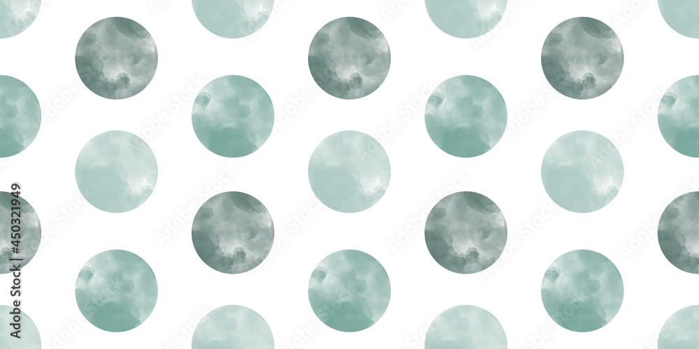 Seamless pattern background with abstract watercolor textured marble round circles in trendy smoky blue colors. Vector tie dye dot backdrop. Aquarelle round shapes on white.