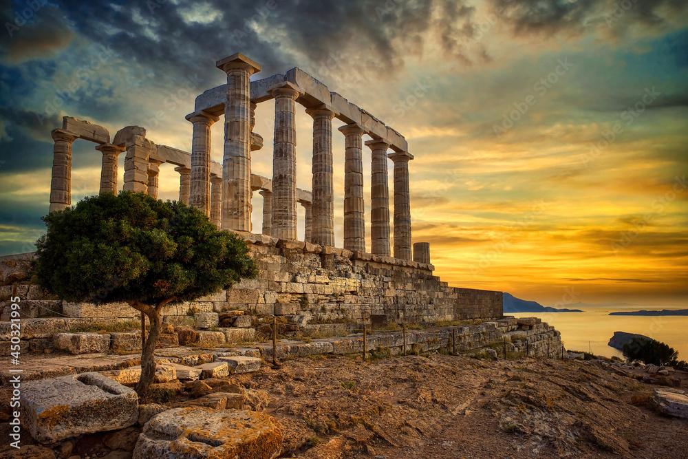 The Temple of Poseidon at sunset, Sounion, Greece