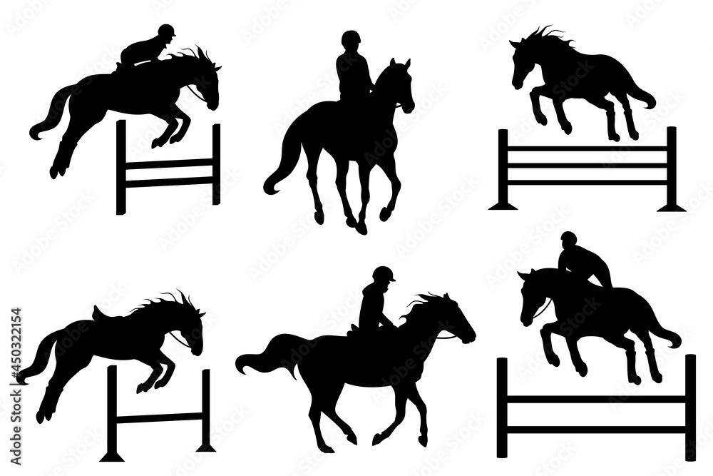 Black equestrian silhouettes are on a white background. Black equestrian silhouettes are on a white background.