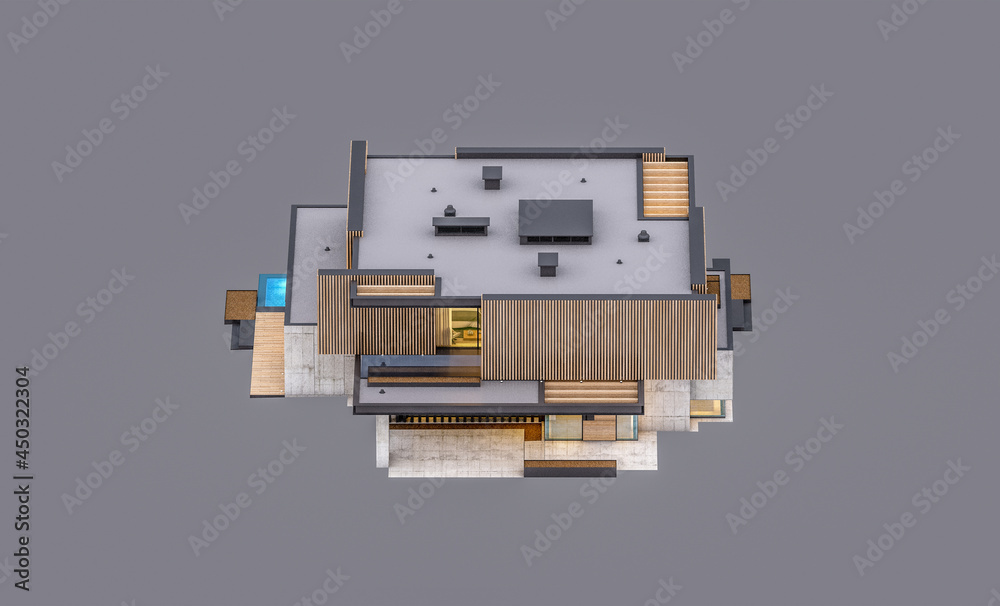 3d rendering of modern cozy house with parking and pool for sale or rent with wood plank facade in evening. Isolated on gray 3d rendering of modern cozy house with parking and pool for sale or rent with wood plank facade in evening. Isolated on gray
