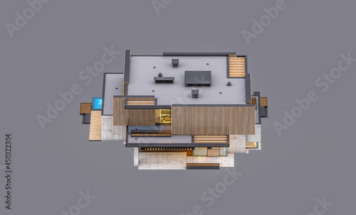 3d rendering of modern cozy house with parking and pool for sale or rent with wood plank facade in evening. Isolated on gray