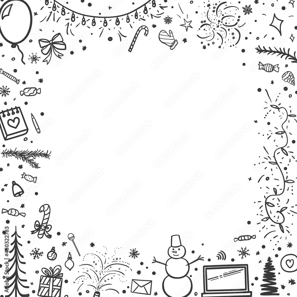 Christmas frame. Festive background. Freehand drawings. Hand drawn christmas symbols. Abstract xmas holiday signs and objects. Banner design. Black and white illustration Christmas frame. Festive background. Freehand drawings. Hand drawn christmas symbols. Abstract xmas holiday signs and objects. Banner design. Black and white illustration