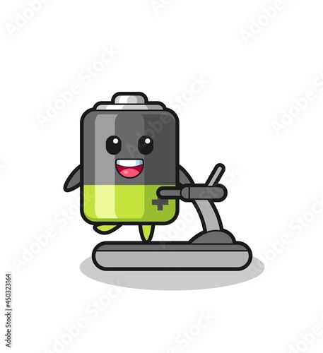 battery cartoon character walking on the treadmill