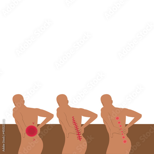 The back of man body are having back pain in three styles in front of brown wall on white background.Correction of Men had backache. Vector isolate flat design concept for healthcare, backache, injury