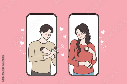 Online communication and quarantine concept. Young couple being isolated on quarantine practicing online social massage for couples from smartphones vector illustration 