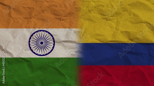 Colombia and India Flags Together, Crumpled Paper Effect Background 3D Illustration