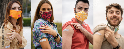 Vászonkép Collage of young people showing the arm with the vaccination bandage against coronavirus