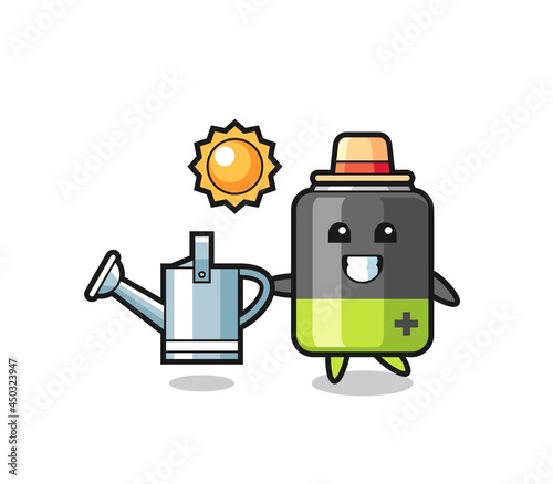 Cartoon character of battery holding watering can