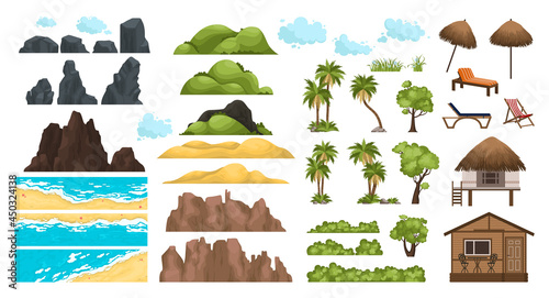 Beach landscape constructor. Sandy beaches, tropical palms, mountains and hills. Beach landscape sea, mountain and coast