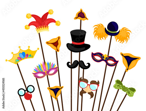 Design for Jewish holiday Purim with masks. Happy Purim Jewish festival, carnival, Purim props icons. Vector illustration EPS10
