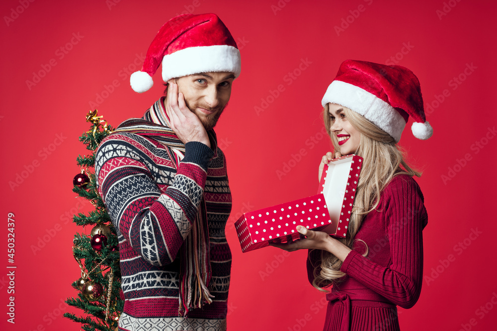 cheerful young couple in Santa hats Christmas tree toys decorations