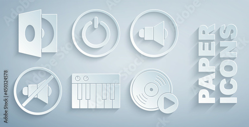 Set Music synthesizer, Speaker volume, mute, Vinyl disk, Power button and player with vinyl icon. Vector
