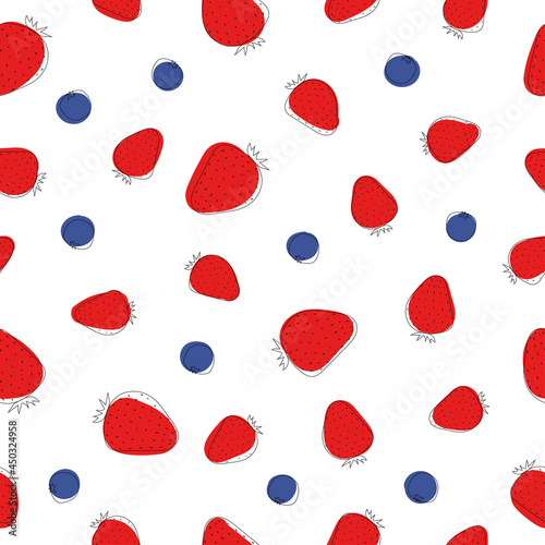 Seamless pattern of strawberries and blackberries. Line art. Colorful fruit on white background.