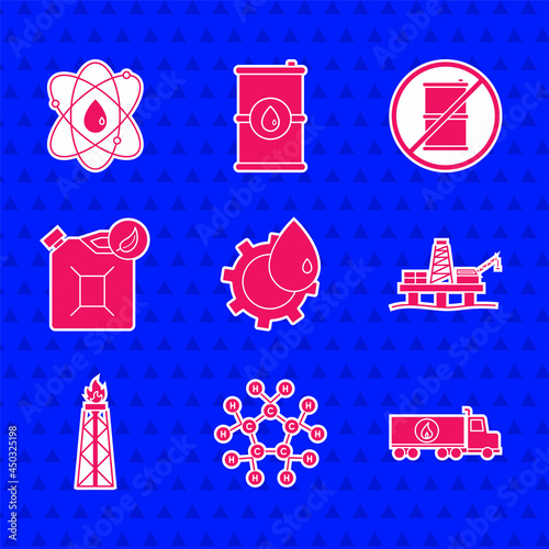Set Oil industrial factory building, Molecule oil, Tanker truck, platform the sea, rig with fire, Bio fuel canister, No barrel gasoline and Atom icon. Vector