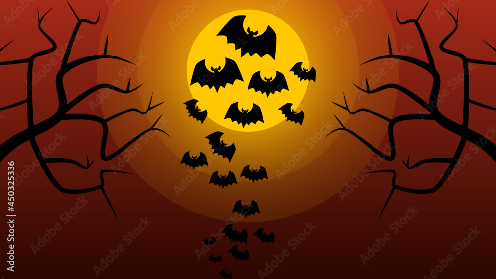Halloween background consist of evil tree, full moon and bats