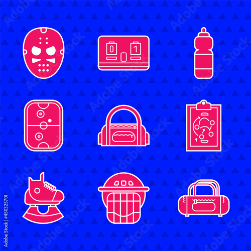 Set Sport bag, Hockey helmet, Planning strategy, Skates, Air hockey table, Fitness shaker and mask icon. Vector