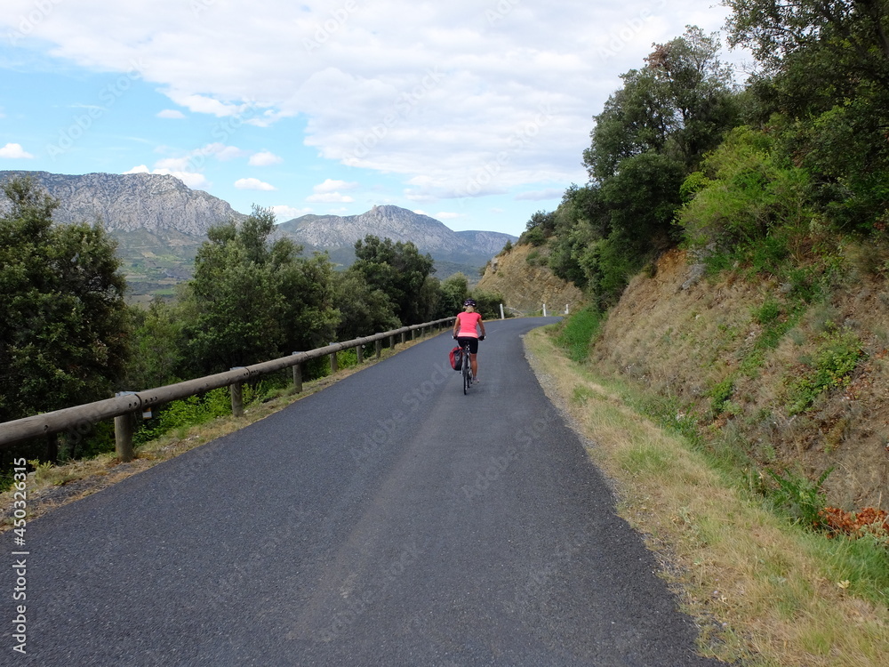 jeune femme à vélo qui randonne en itinérant à bicyclette dans le sud de la France