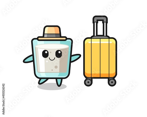 milk cartoon illustration with luggage on vacation