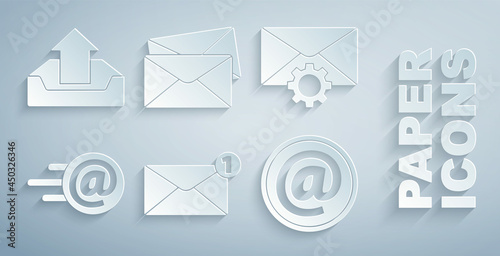 Set Envelope, setting, Mail and e-mail, and Upload inbox icon. Vector