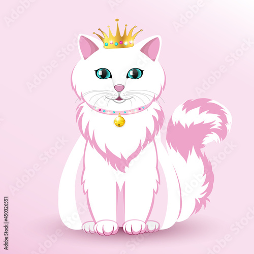 Cute vector white kitty princess with golden crown and bell.