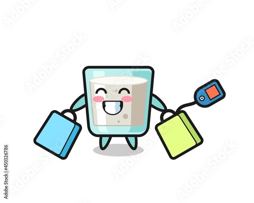 milk mascot cartoon holding a shopping bag