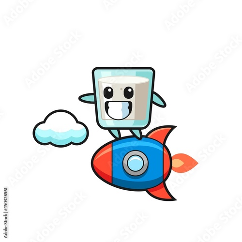 milk mascot character riding a rocket