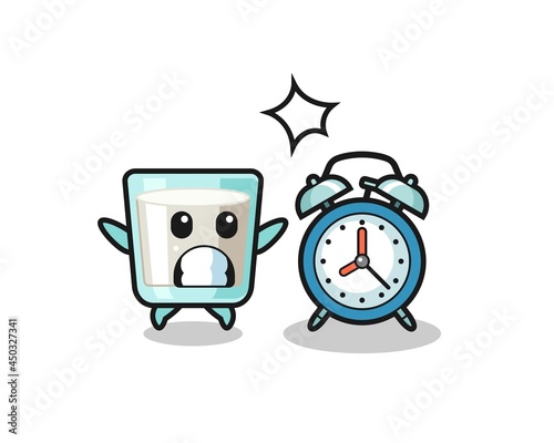 Cartoon Illustration of milk is surprised with a giant alarm clock