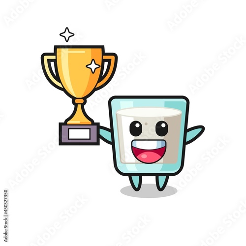 Cartoon Illustration of milk is happy holding up the golden trophy