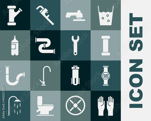 Set Rubber gloves, Water meter, Industry metallic pipe, tap, Bottle of water, and Wrench spanner icon. Vector