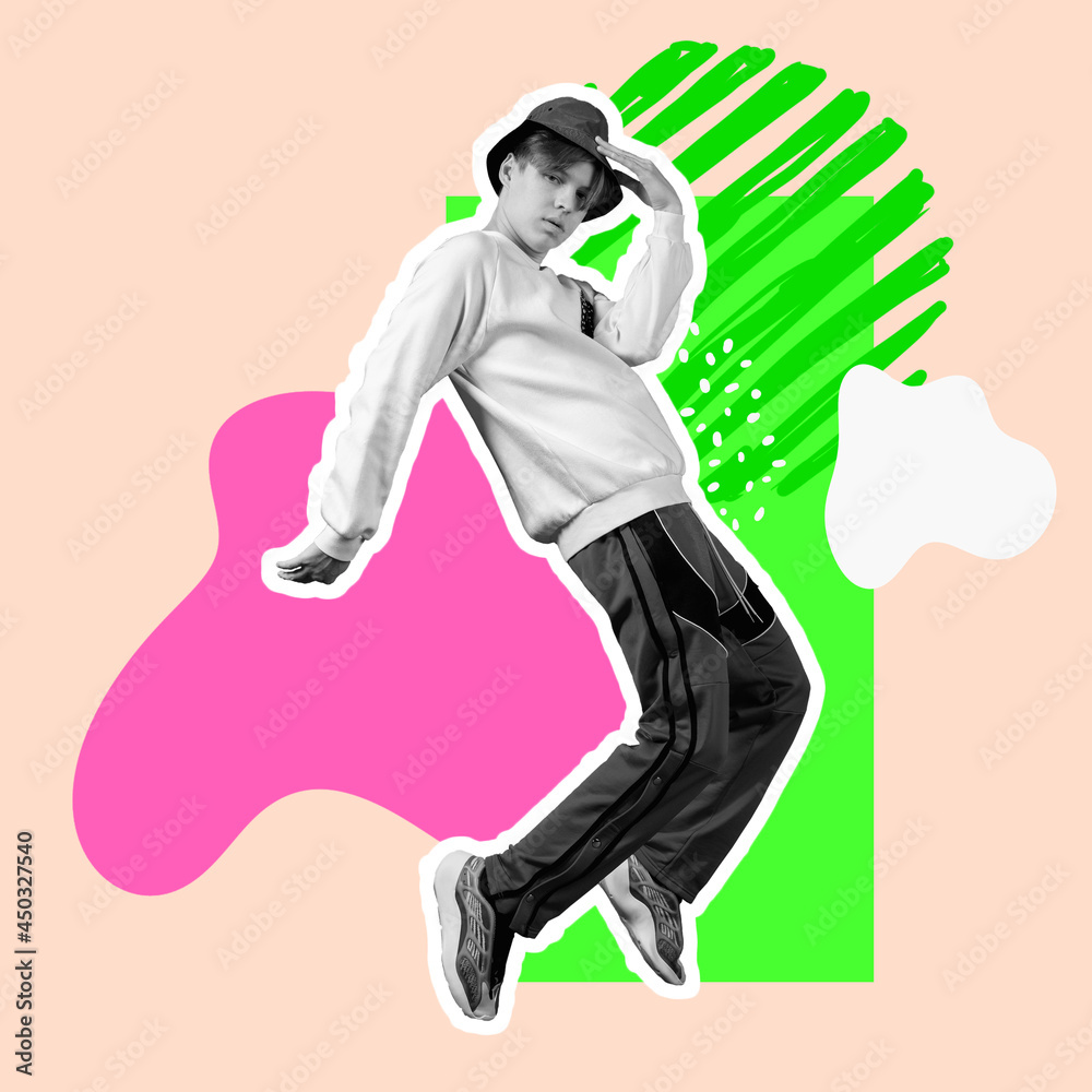 One young bw man in casual clothes and hat dancing over bright splashes on pastel background. Minimal design