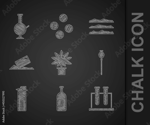 Set Marijuana or cannabis plant in pot, Alcohol drink bottle, Test tube and flask, Opium poppy, Lighter, Cocaine credit card, heroin drug and Glass bong for smoking marijuana icon. Vector