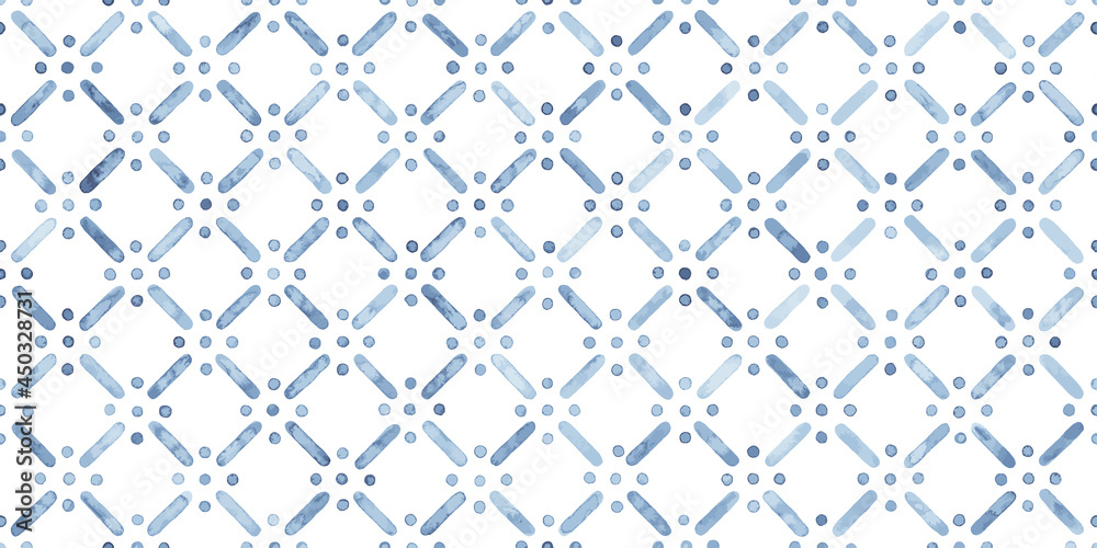 Fototapeta premium Seamless watercolor pattern. Blue geometric elements on a white background. Handmade. Geometric ornament, bohemian cute print. Uneven edges. Vector illustration.