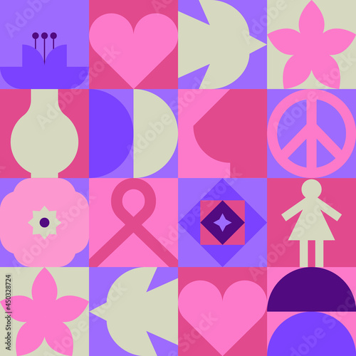 Breast cancer pink mosaic icon seamless pattern