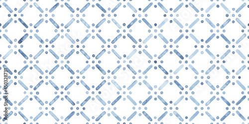 Seamless watercolor pattern. Blue geometric elements on a white background. Handmade. Geometric ornament, bohemian cute print. Uneven edges. Vector illustration.