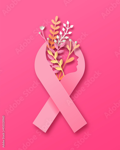 Breast cancer pink ribbon woman face paper cut