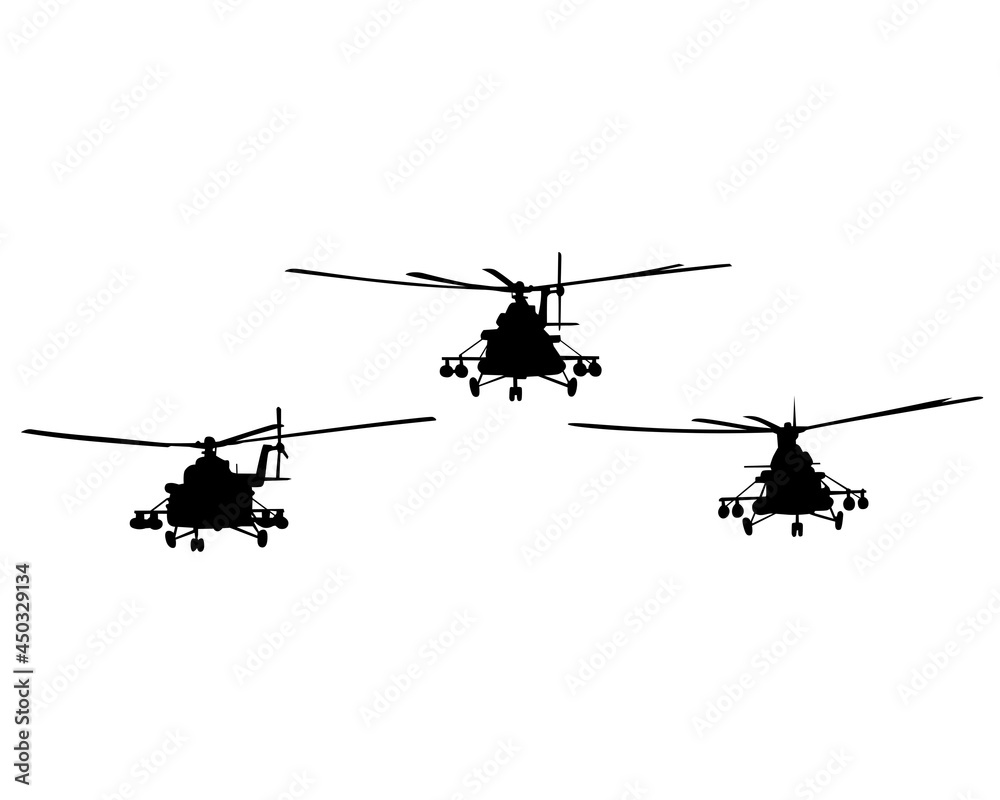 Fototapeta premium War helicopter flies across the sky. Isolated silhouette on white background